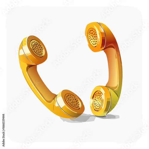 Two yellow retro phone handsets communication devices on white background
