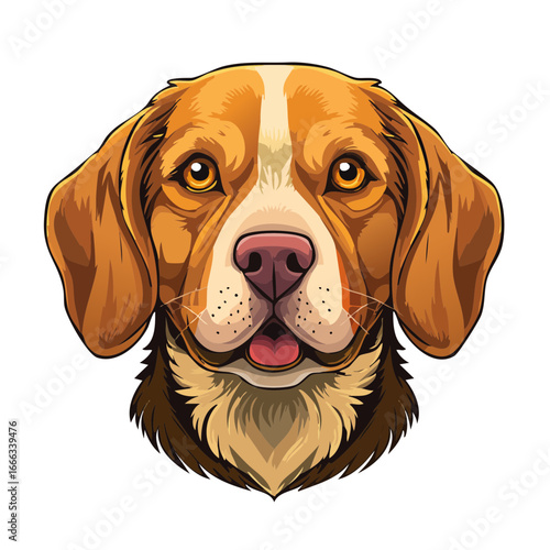 Beagle dog breed portrait illustration on black background. Dog head with tan fur and friendly expression.