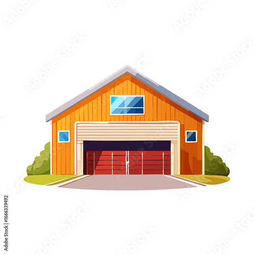 Cartoon yellow barn with a gray roof, red garage doors, bushes, and a driveway on a black background.