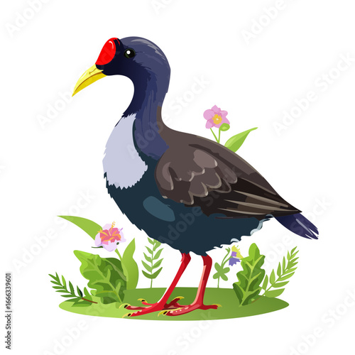 Colorful cartoon illustration of a Pukeko bird in lush grass with flowers on a black background