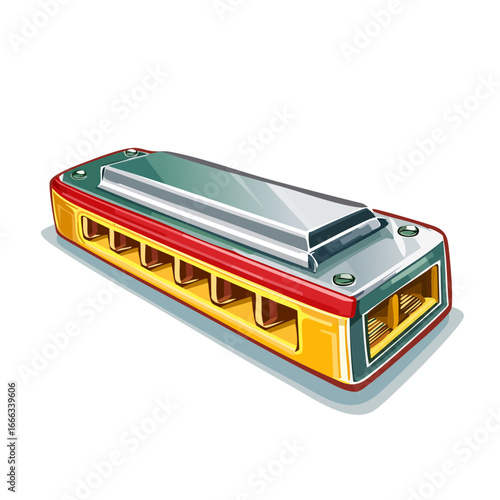 Colorful harmonica musical instrument illustration, blues, folk music, vintage design. Creative cartoon harmonica clip art, vintage harmonica art.