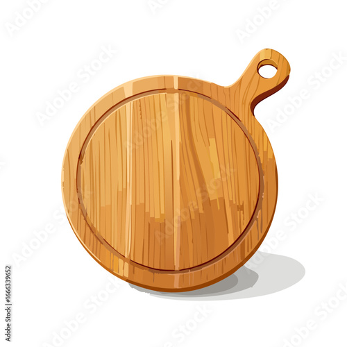 Cartoon wooden cutting board vector illustration for food preparation presentation display round shape with handle and light brown tones