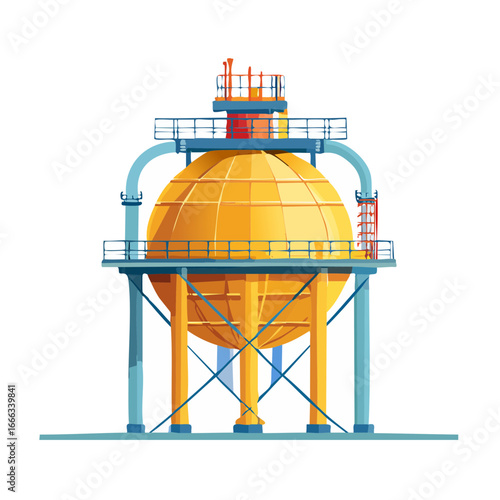 Spherical tank industrial illustration Yellow reservoir for gas or liquids Chemical factory storage Energy industry concept