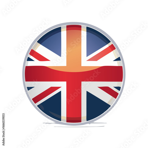 Shiny circular Union Jack flag icon representing Great Britain on black background