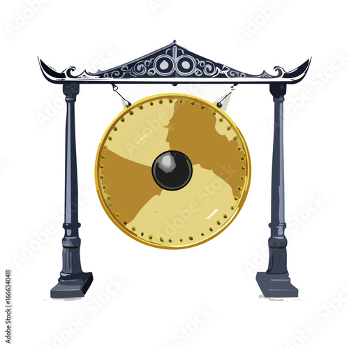 Ornate gong instrument with stand cultural musical tradition Asian decorative percussion sound