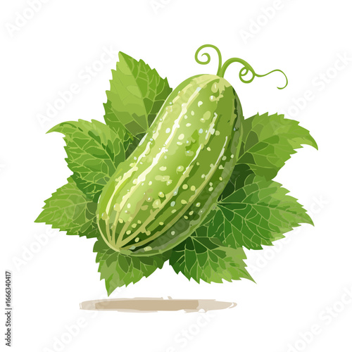 Fresh Cucumber Vector Illustration with Green Leaves and Vine Tendrils Isolated on Black Background
