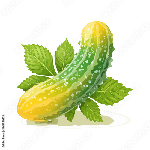 Fresh Cucumber with Green Leaves Vector Illustration Healthy Food Ingredient Dieting
