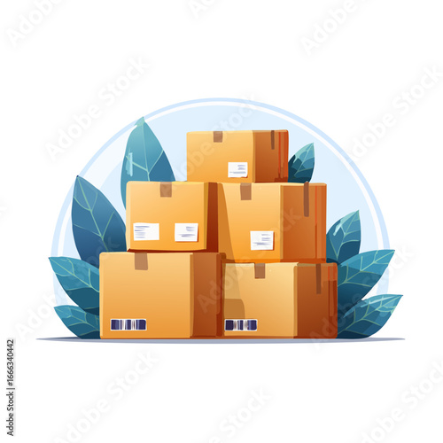 Stacked Cardboard Boxes with Labels and Foliage Background Illustration for Delivery Shipping and Moving