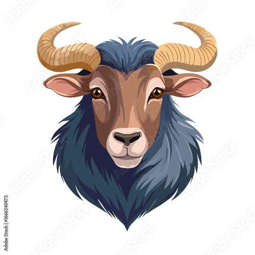 Stylized Ram Portrait with Curly Horns on Black Background Farm Animal Illustration