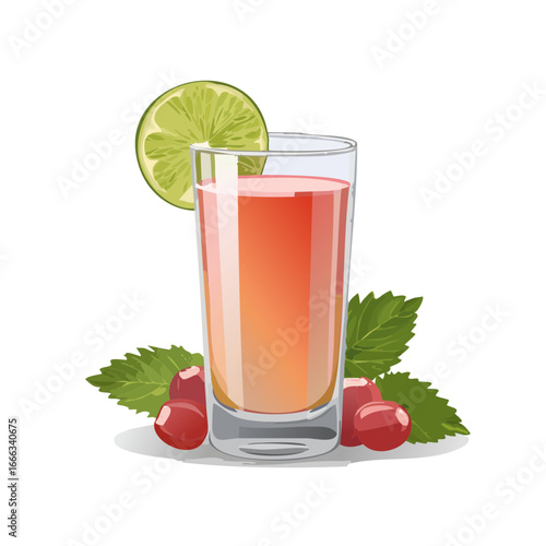 Colorful cocktail illustration featuring a slice of lime, berries, and mint leaves for use in bar and summer event designs.