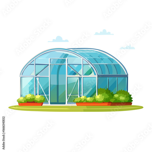 Cartoon greenhouse illustration with glass panels and surrounding plants under a cloudy sky agriculture horticulture farm.