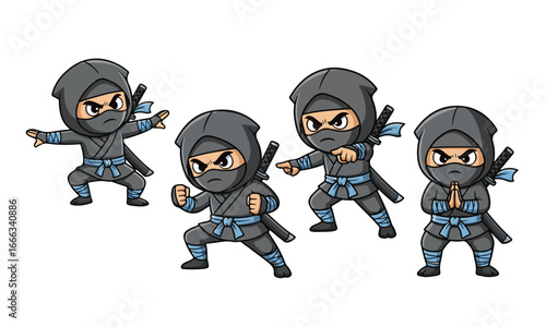 Cute Grey Ninja Characters with Blue Accents