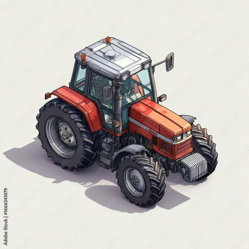 Obraz premium Tractor Isometric. Universal and Isolated Profile View of Farm Machinery for Aerial Perspective