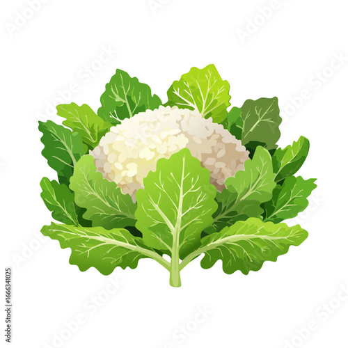 Vector illustration of fresh cauliflower with vibrant green leaves on black background for healthy eating and vegetarian designs.