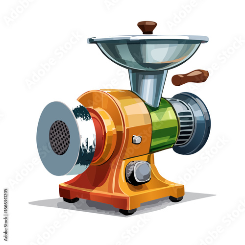 Illustration of colorful retro meat grinder Old kitchen equipment for food processing  Domestic appliance concept