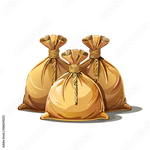 Cartoon illustration of burlap sacks tied with rope isolated against black background for treasure or money