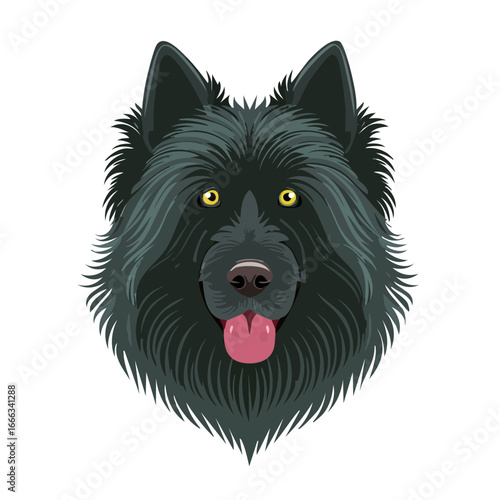 Illustration of a Fluffy Black Dog with Yellow Eyes and Tongue Out on a Black Background