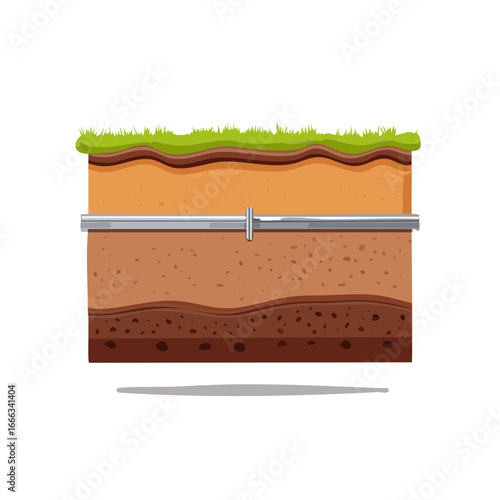 Cross section of ground with pipe line shows layers of soil and grass