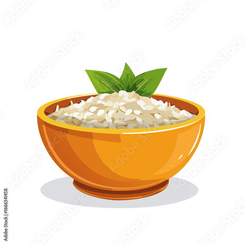 Rice in Bowl with Leafy Garnish Simple Illustration Vegetarian Food Ingredient Nourishment Asian Cuisine