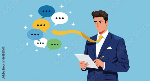 Digital communication, messaging concept, business interaction, speech bubbles, tablet writing, professional dialogue, information exchange, tech talk, stylus input