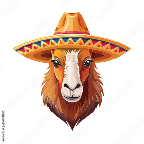 Llama Wearing Sombrero Illustration Portrait Isolated on Black Background Festive Celebration Animal Graphic Mascot Design