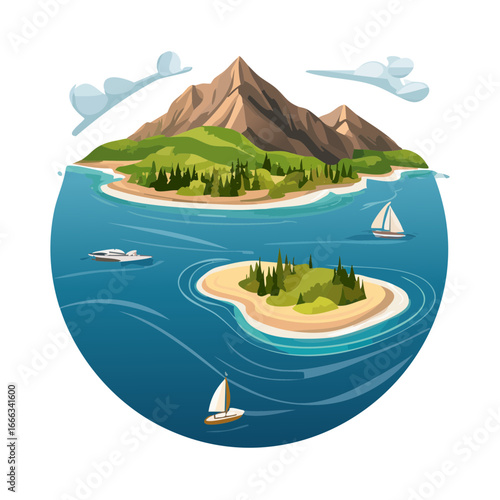 Island scenery with mountains, forests, beaches, boats, yachts, clouds, blue water; a summer vacation location.