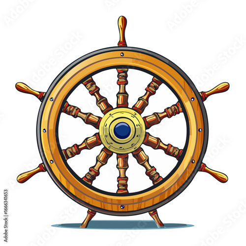 Wooden ship wheel illustration, nautical steering, sea travel, vintage helm, vector isolated on black.