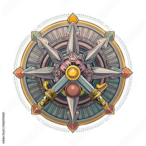 Ornate circular emblem featuring compass points and decorative swords against black backdrop