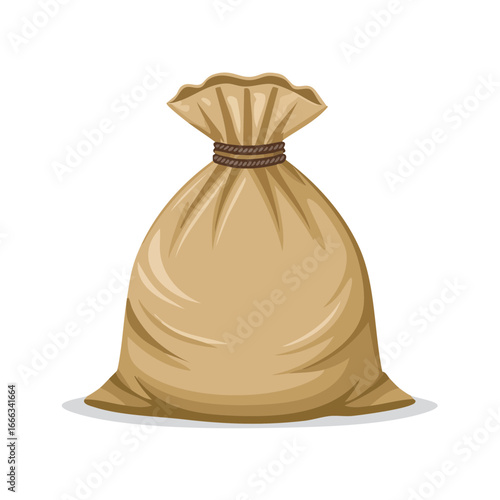 Illustration of a tied brown sack bag with rope. Container is full and rustic against a black background.