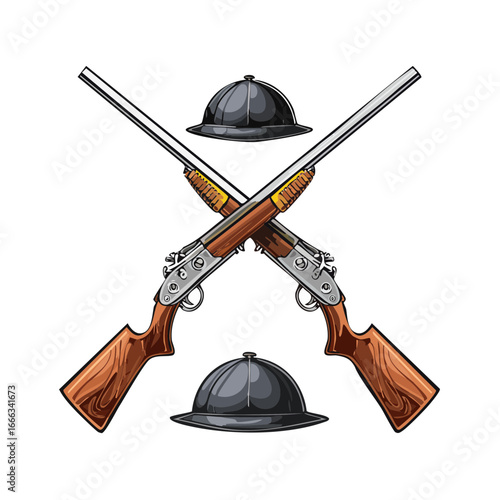 Hunting design with crossed shotguns and pith helmets on black background.
