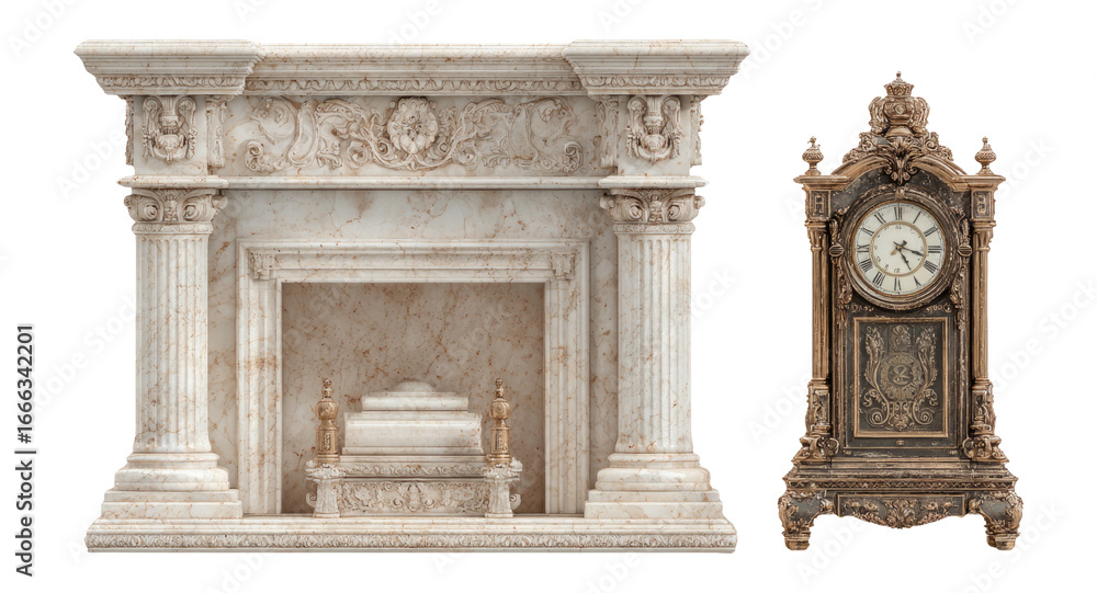 Fototapeta premium Elegant Marble Fireplace and Antique Clock on Transparent Background