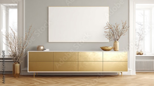Modern Minimalist Sideboard with Gold Finish in Bright Living Room