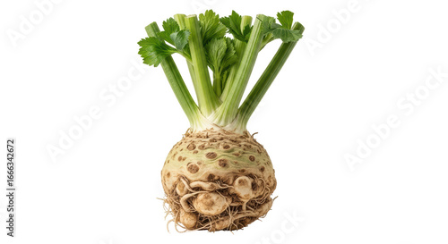 Isolated Fresh Celeriac with Green Stalks
