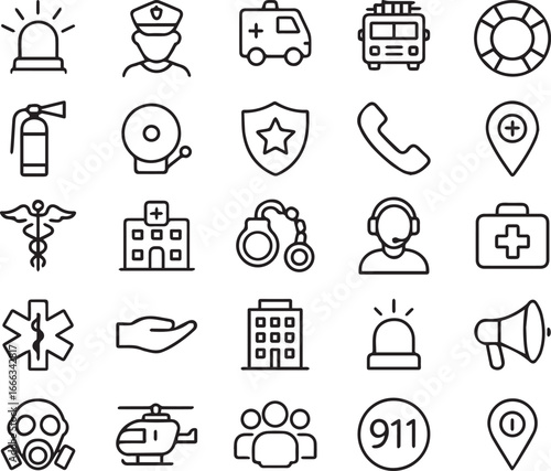 Emergency Services Vector Icon Set | Police, Medical, Fire, Rescue Line Icons Pack