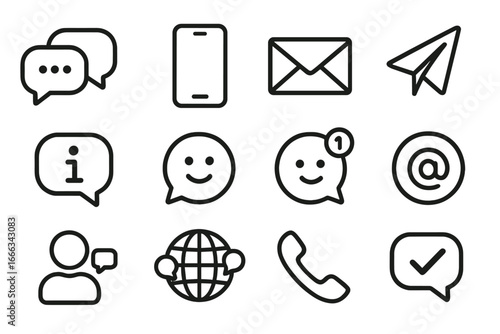 Communication line icon set vector. Digital messaging and contact icons. Chat, email, phone, and social media symbols for web and mobile app user interface design.