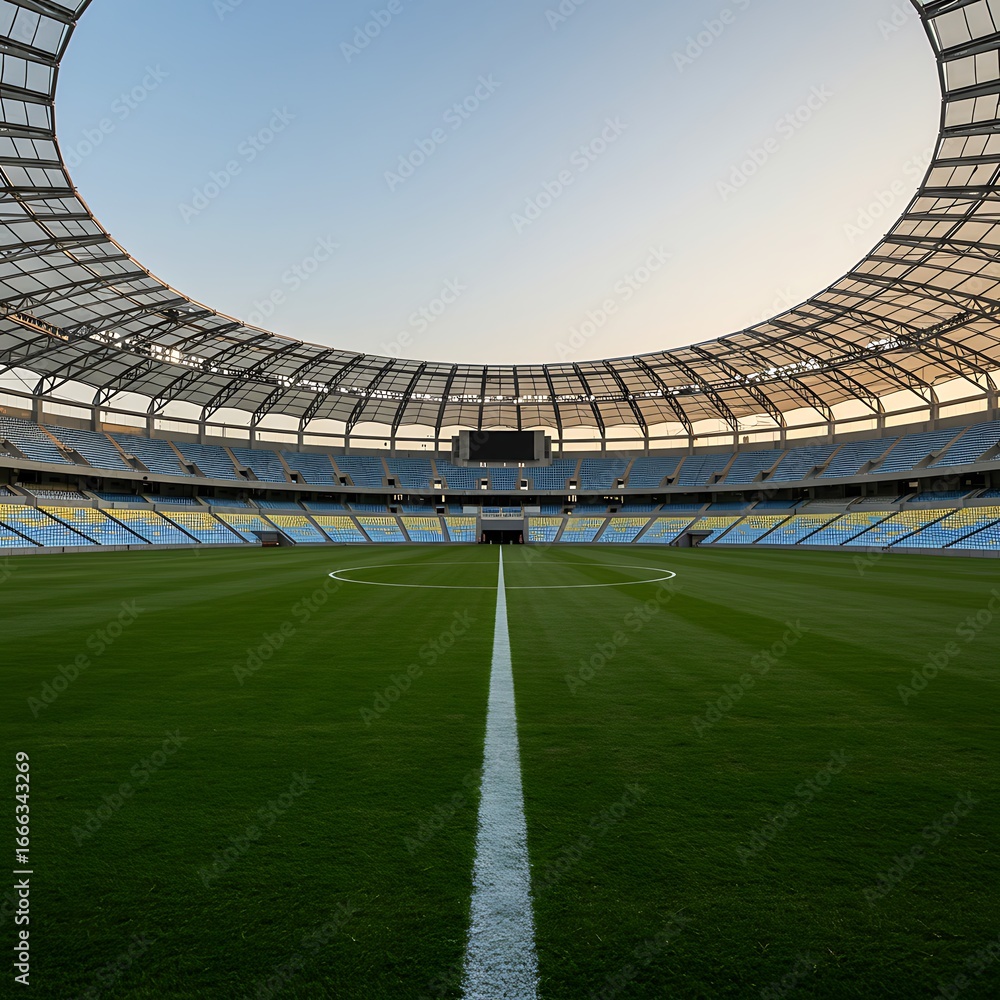 Fototapeta premium Empty modern stadium with lush green field, awaiting a sporting event under a clear sky.