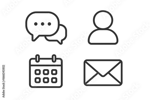 Communication line icon set. Business contact us concept. Includes chat, user profile, calendar schedule, and email message symbols. Web and mobile app UI kit vector.