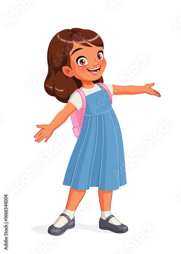 Happy cute Indian girl greeting with open arms. Cartoon vector illustration.