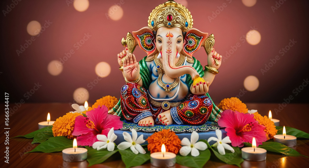 Obraz premium Colorful Lord Ganesh Idol with Flowers and Diya Lamps on Brown Background