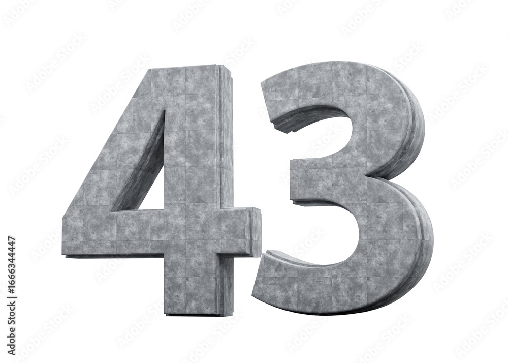 Fototapeta premium Concrete Number Forty Three 43 Digit Made Of Grey Concrete Stone White 3d Illustration
