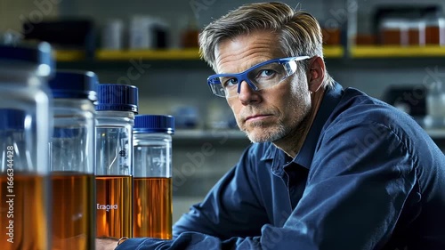 scientist examining orange liquid samples in laboratory setting