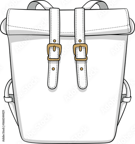 Stylish white backpack design, modern travel gear, fashion accessory, minimalist bag illustration, technical product sketch, cad drawing flat vector illustration