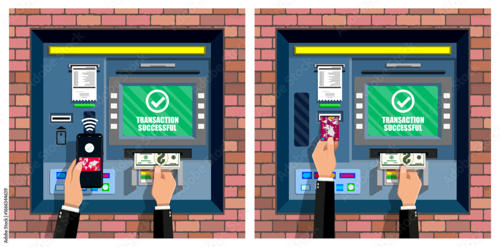 Naklejka premium Male hand using smartphone with online payment and withdrawing cash from ATM. Man making financial transaction at cash machine for banking service.