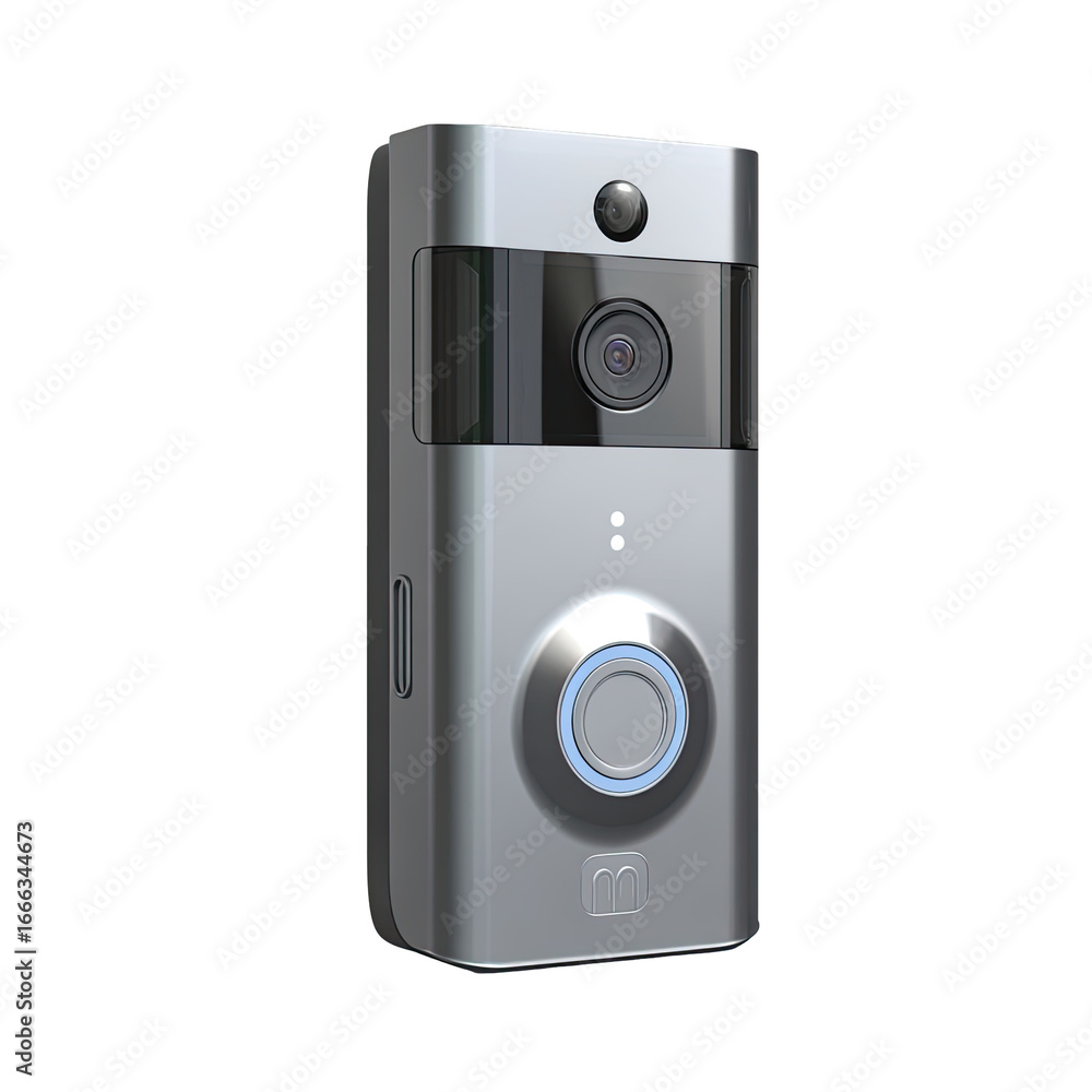 Fototapeta premium Gray wireless video doorbell, rectangular, with a camera, button, and light