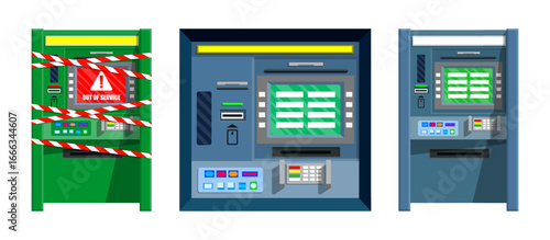 Set of ATM machines. Automatic teller machines, one out of service with striped tape. Banking financial payment system concept for transaction.