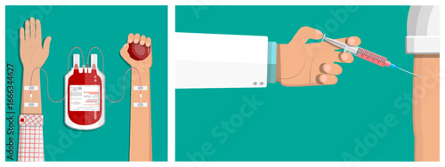 Man provides blood donation holding squeeze ball. Blood bag connected to arm. Doctor preparing injection with syringe. Medical volunteer concept for health care.