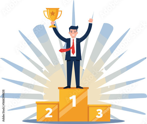 Successful businessman celebrating on the first place winners podium holding a gold trophy.