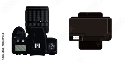 Digital single lens reflex camera and printer top view on white background. Photography technology for media and office concept.