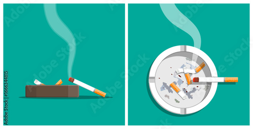 Set of unlit and smoked cigarette. Ashtray with smoking butt. Addiction, bad habit and quitting concept for abuse.