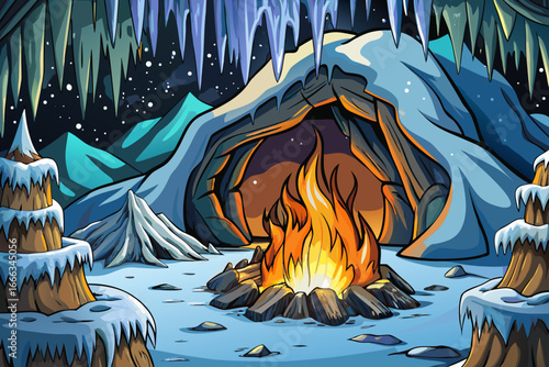 vector warm campfire glows inside a snowy mountain cave, surrounded by icicles and frozen walls, creating a cozy survival scene in harsh winter wilderness.